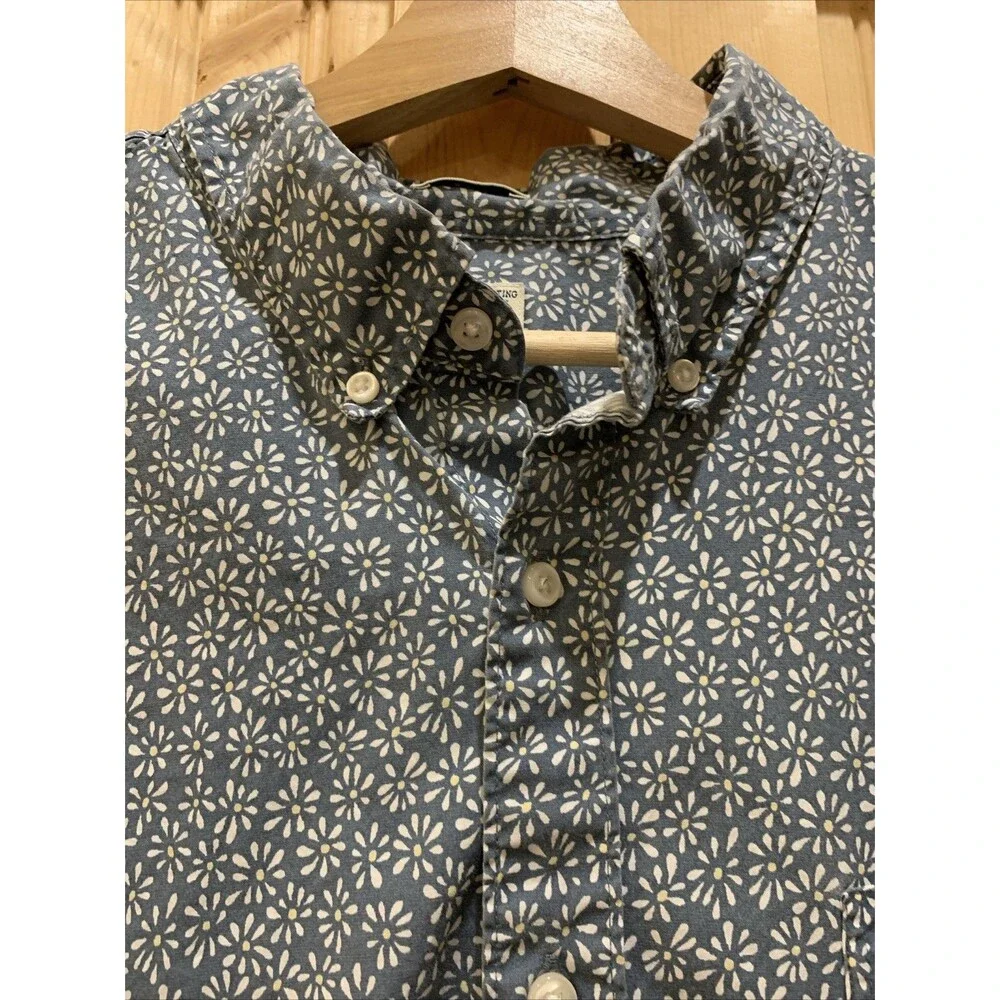 J Crew Shirt Mens XL Blue Slim Secret Wash Organic Cotton Floral Button Down